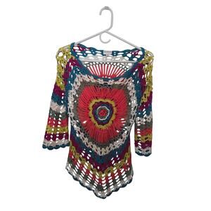 SIONI Rainbow Boho Crochet Knit Retro Hippie Top Sweater Size S / M
